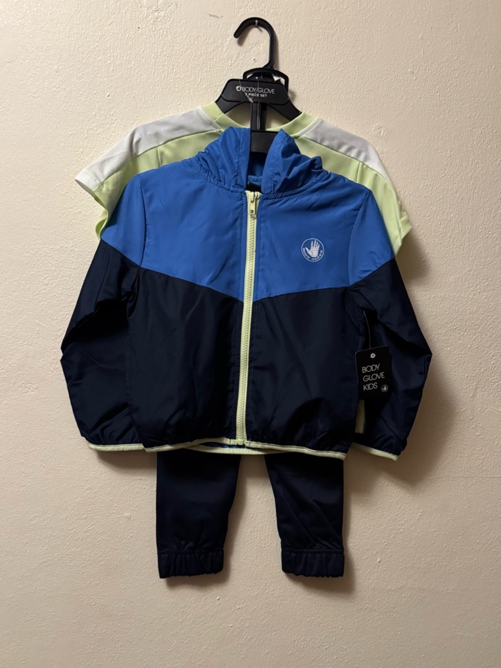 Body Glove Kids 3-Pc Activewear Set -Blue Colorblock Windbreaker, Shirt, & Pants